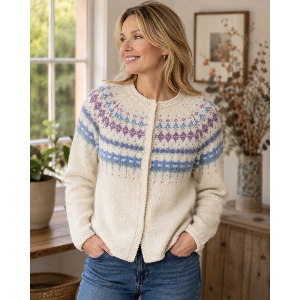 Hand Knit Fair Isle Wool Cardigan Sweater Cream Blue Purple Snap Front Women M